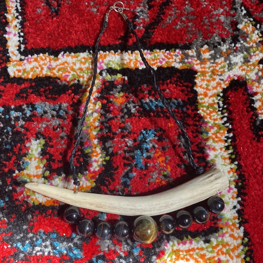 Real Natural Stone Tigers Eye Deer Antler Statement Necklace